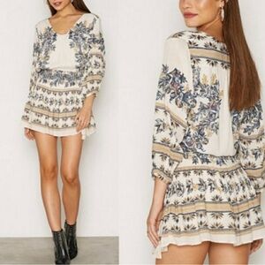 Free People Midnight Drive white ivory long sleeve mini dress blue floral sz L